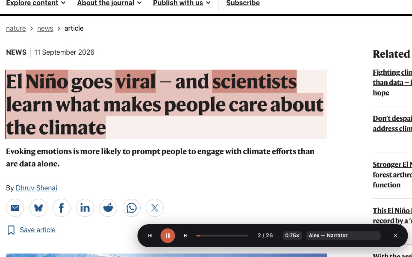 Text2Voice reading a news article, with the sentence being spoken highlighted and a player bar at the foot of the page.