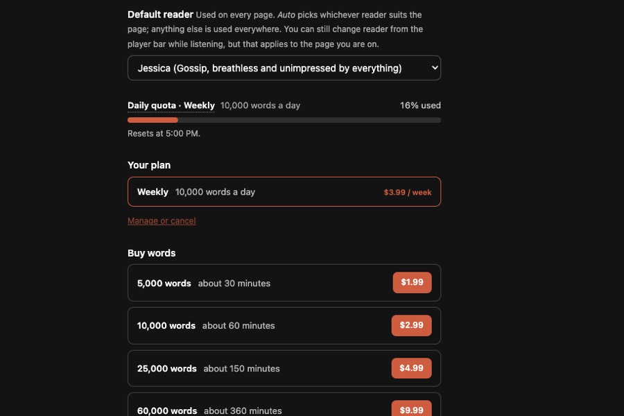 The extension settings, showing the default reader and the day's quota.