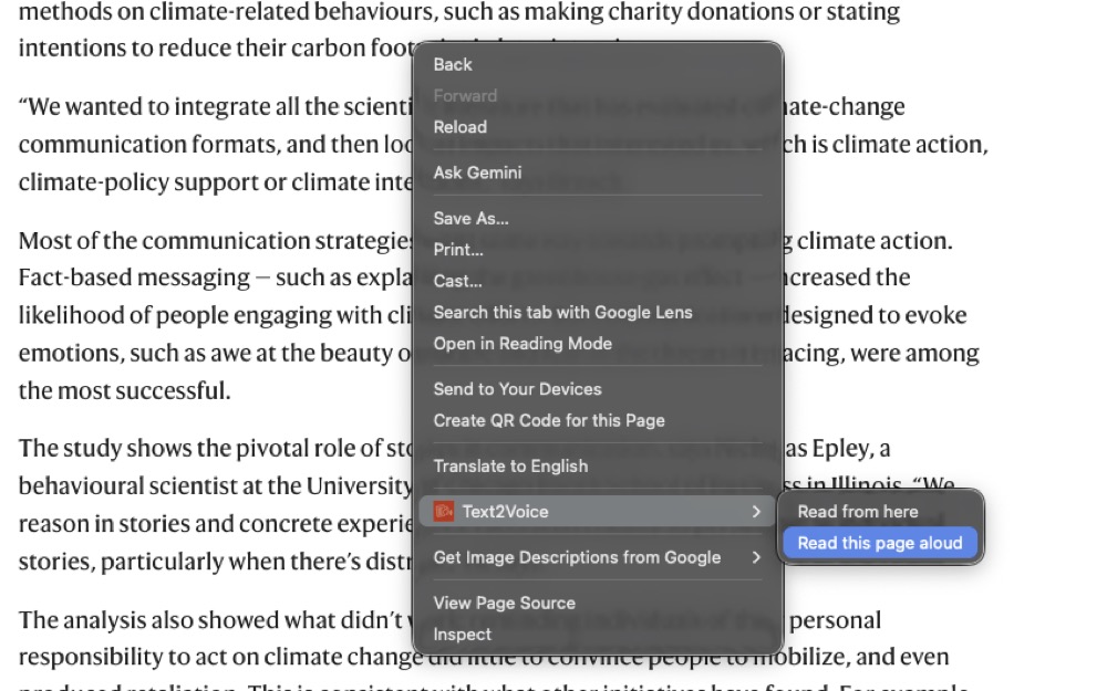 The right-click menu open on an article, showing Read selection aloud and Read from here.