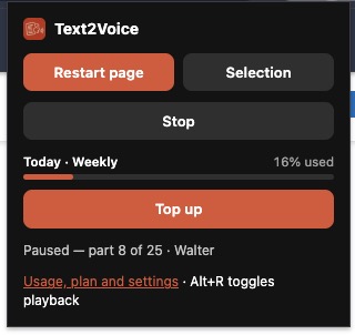 The toolbar panel: buttons to restart the page, read a selection or stop, a bar showing the day's allowance, and a button to top up.